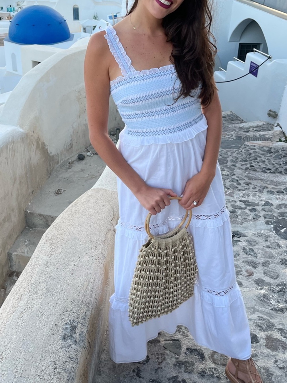 White dress with blue details